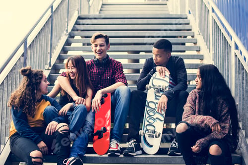 Preview: Group of school friends outdoors lifestyle and after school hangout concept
