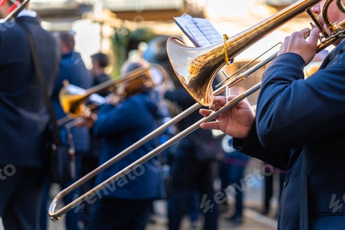 Preview: Wind instrument music band making music on the street.