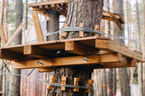 Preview: Elements of a rope town in the park. An empty rope town in the forest