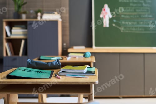 Preview: Classroom Desks with Health Education Book in School