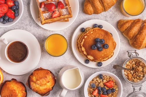 Preview: Delicious breakfast on a light table.