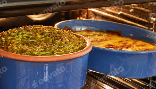 Preview: Pie with asparagus and peas in baking dish after baking. Step by step recipe