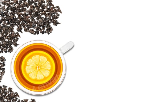 Preview: A cup of tea with lemon on a white background. View from above