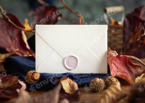 Preview: Envelope on wood near autumn dried leaves closeup, wedding and party, rustic mockup
