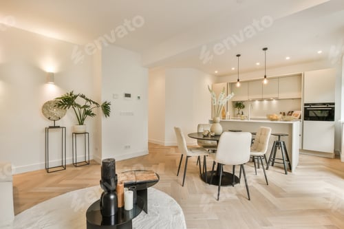Preview: a living room with a dining room and a kitchen