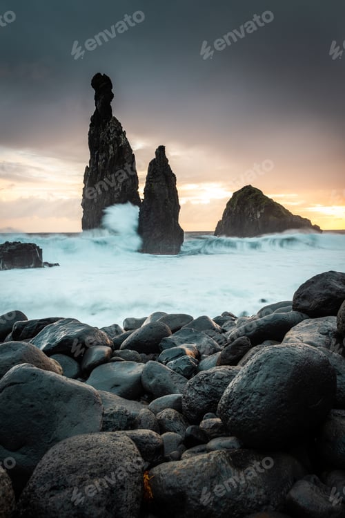 Preview: Ribeira da Janela. Volcanic rock formations standing the Atlantic Ocean ,Madeira Island, Portugal