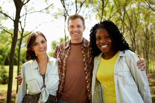 Preview: Friends on a woodland path in summer.