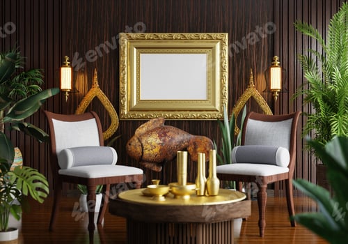 Preview: 3D illustration Mockup photo frame in lounge rendering