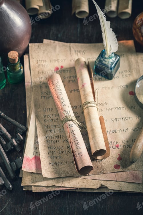 Preview: Magic scribe library full of medieval and old scrolls