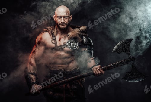 Preview: Dangerous viking with bald head and axe in smokey background