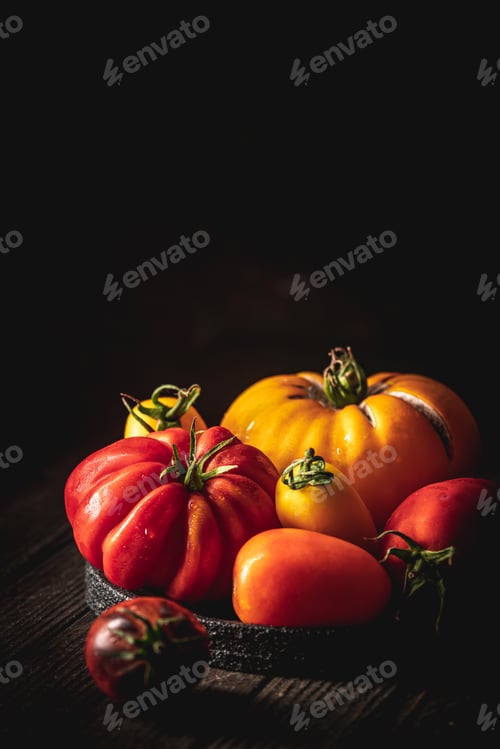 Preview: Fresh organic garden tomatoes on rustic table over dark wooden background.