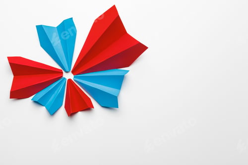 Preview: Red and blue paper planes on white background. Leadership and Business competition concepts