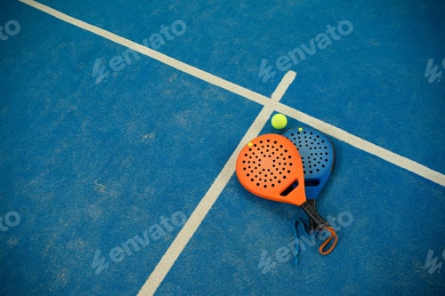 Preview: Padel paddles and a ball rest on the blue court surface