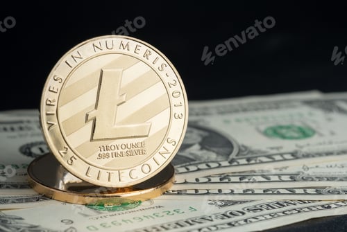 Preview: crypto currency gold litecoin on dollar banknote on black table