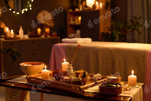 Preview: Wooden Table with Aroma Candles and Equipment for Massage