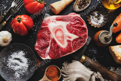 Preview: Raw meat with vegetables on dark