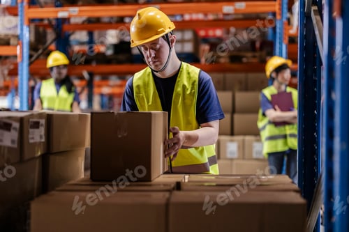Preview: Warehouse worker arranging cardboard boxes on a pallet