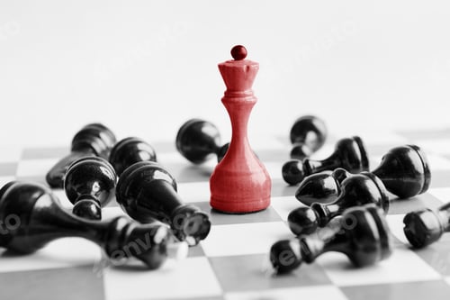 Preview: White chess queen beats blacks on chessboard