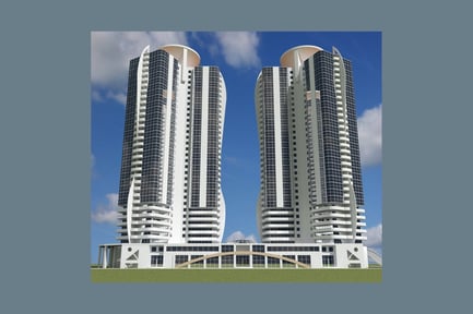 Preview: High-rise buildings with multi-level exteriors and curved roofs