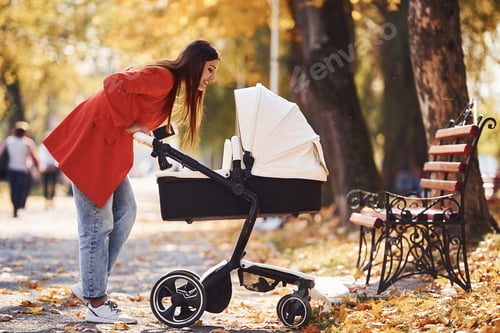 Preview: Mother in red coat have a walk with her kid in the pram in the park