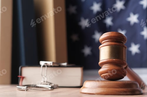 Preview: Legal Symbols Gavel, Law Books, American Flag, representing justice and legal processes