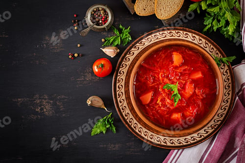 Preview: Traditional Ukrainian Russian borscht or red soup on the bowl. Top view