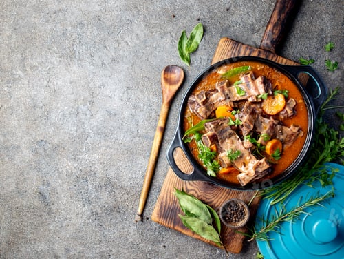 Preview: Beef ribs Bourguignon. Beef ribs stewed with carrot, onion in red wine. France dish