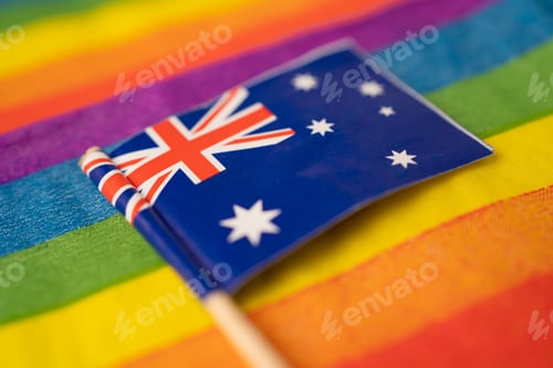 Preview: Australia flag on rainbow background symbol of LGBT gay pride month social movement rainbow flag