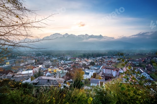 Preview: Aerial view of Vaduz at sunset with Appenzell Alps on background - Vaduz, Liechtenstein