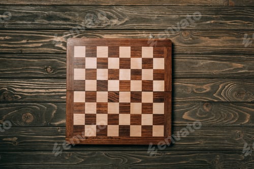 Preview: Top view of chessboard on wooden background