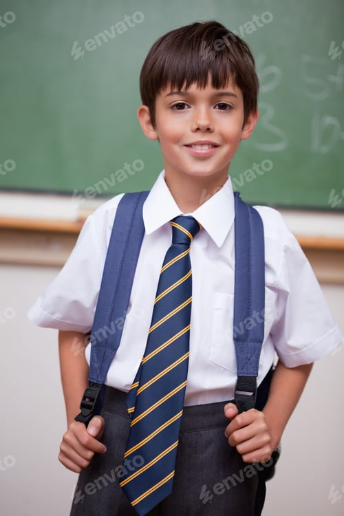Preview: Portrait Of A Smiling Schoolboy With A Backpack In A Classroom