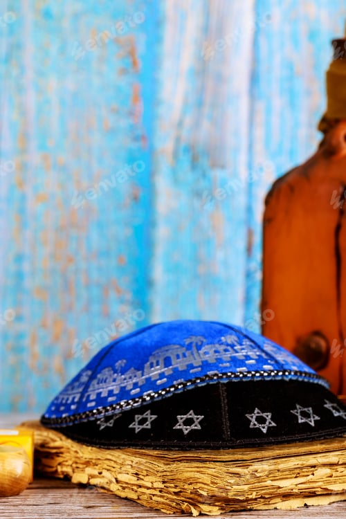Preview: Religious symbols for holly days in synagogue Jewish holiday prayer book with shofar