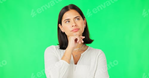 Preview: Face, idea and decision with a woman on a green screen background in studio to consider an option.