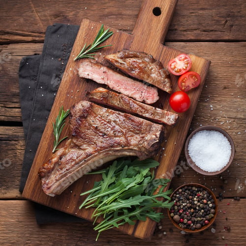 Preview: Grilled cowboy beef steak, herbs and spices on a rustic wooden background.