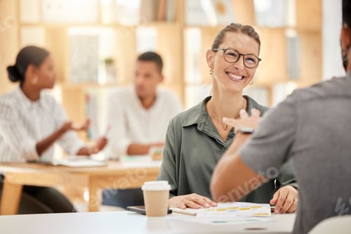 Preview: Collaboration, meeting and business people talking in the office with documents planning a project.