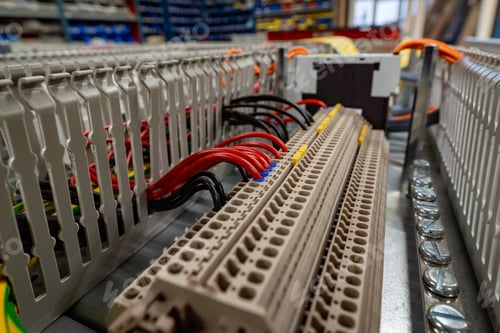 Preview: Factory assembly line with an electronic cabinet open, revealing the intricate wiring and components