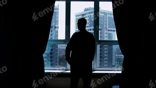Preview: Silhouette of a business man talking on a mobile phone on the background of a window and city. Media