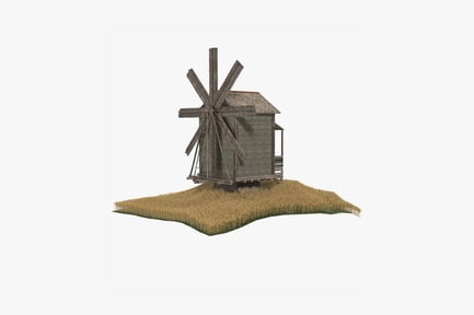 Preview: Wooden windmill with adjacent structure on a grassy slope