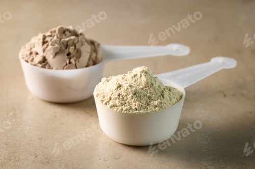 Preview: protein powder in scoops. dry mixture for preparation of sporting or dietary drink.