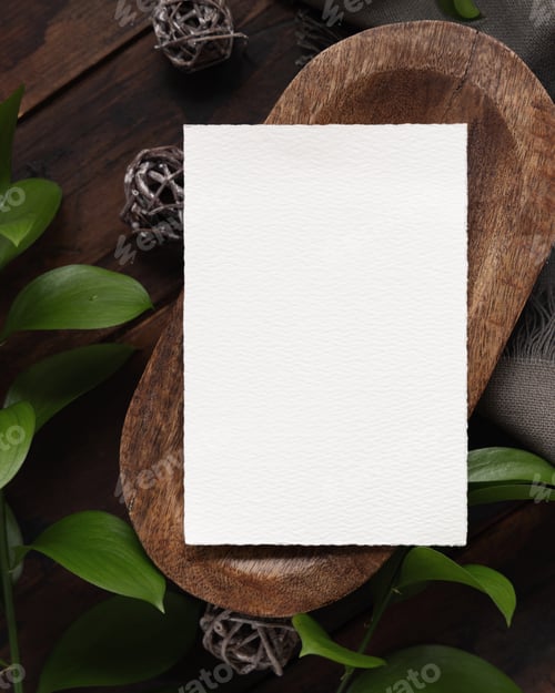 Preview: Vertical card mockup on brown wooden tray near green leaves and grey fabric top view