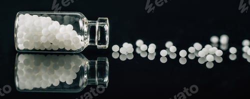 Preview: Homeopathy - Homeopathic Globules Scattered out of Glass Bottle against Black Background