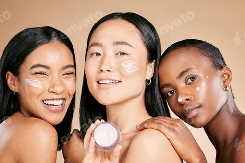 Preview: Beauty, portrait and face cream by women in studio for wellness, grooming and hygiene on brown back