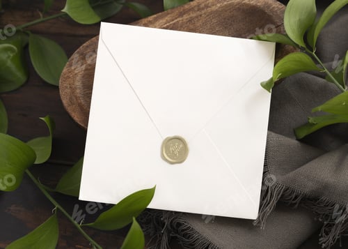 Preview: Sealed envelope mockup on brown wooden tray near green leaves and grey fabric top view