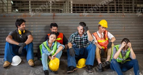 Preview: Depressed group of factory worker tired of work and losing job