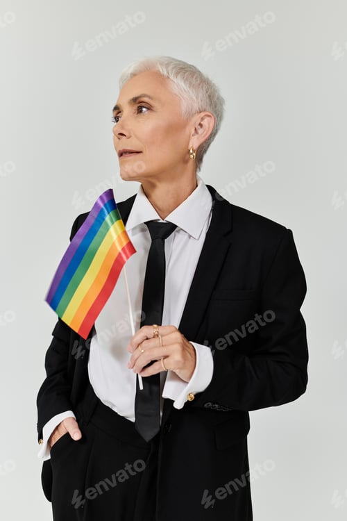 Preview: Confident Lesbian Embraces Pride With Rainbow Flag in Stylish Attire