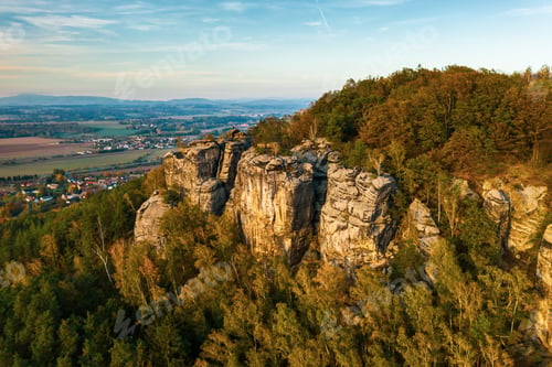 Preview: Bohemian Paradise. Sandstone rock formation group in Cesky raj at sunset
