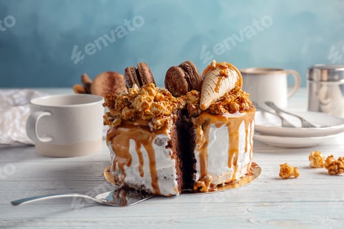 Preview: Delicious Cake with Caramel, Popcorn, and Macarons