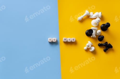 Preview: No War sign spelled on wooden blocks in a conceptual image of Ukrainian war