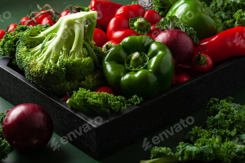 Preview: assorted red and green vegetables tomatoes, bell peppers, kale avocado