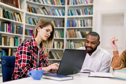 Preview: Group of college students studying in the university or school library, Caucasian girl and African